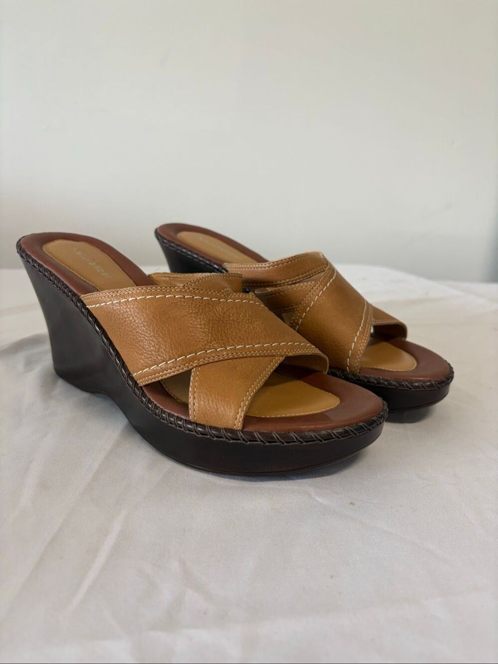 Naturalizer Brown Slip on Leather Wedge Heel Ope Toe Sandals Women’s 10M NWB